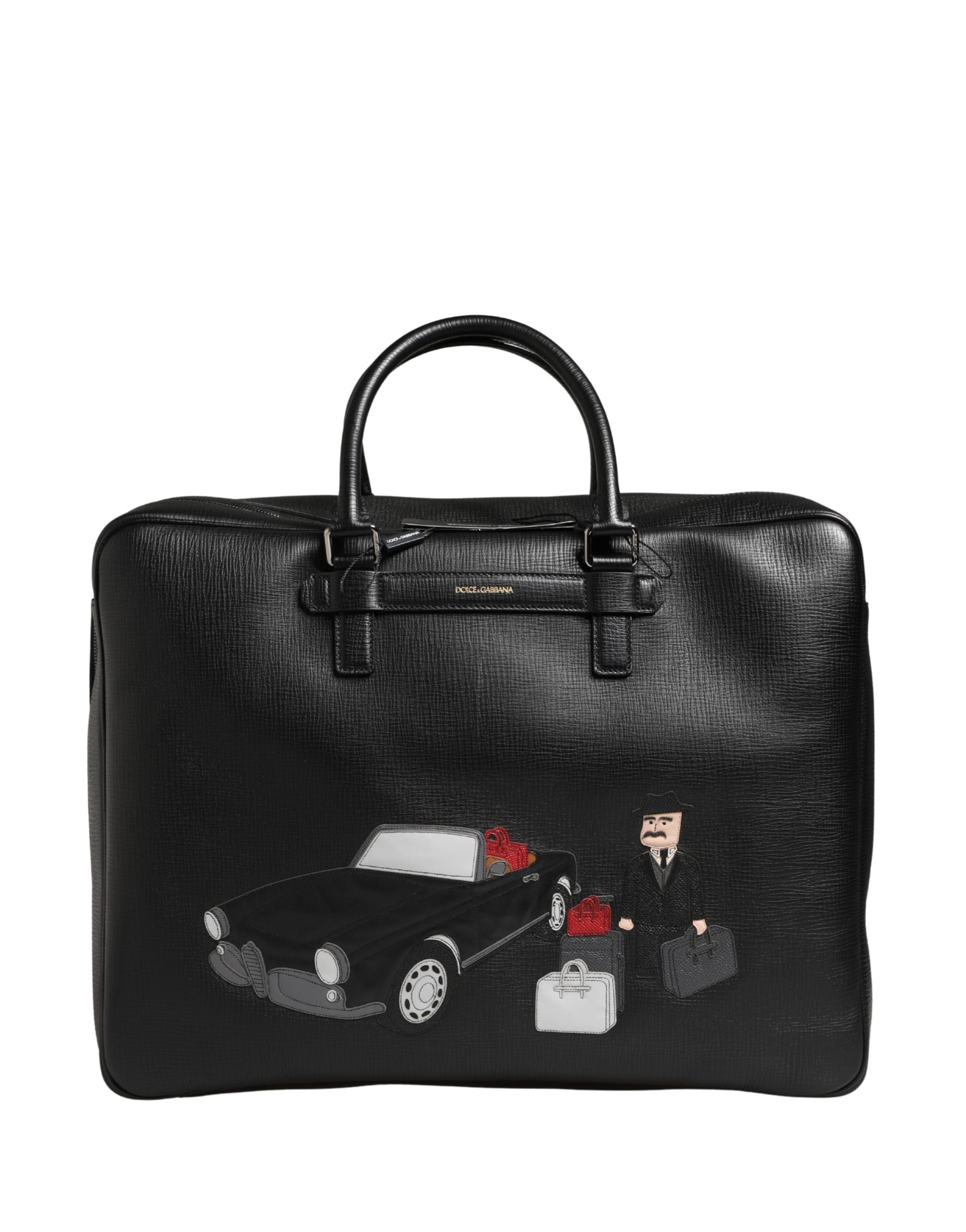 Dolce & Gabbana Black Car Man Applique Leather Weekender Borse Bag