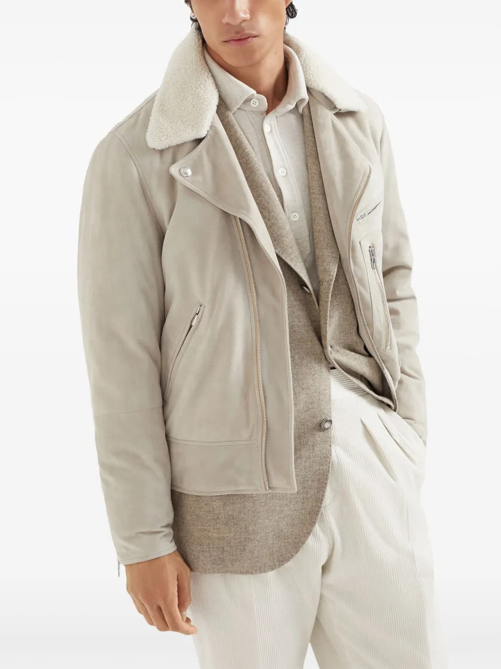 Brunello Cucinelli Beige Leather Biker Jacket