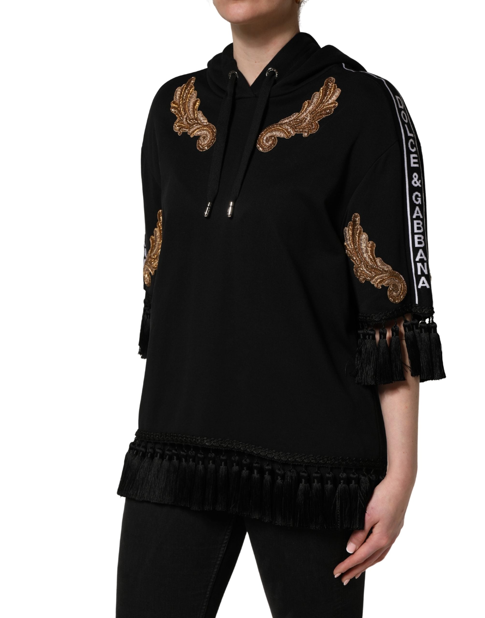 Dolce & Gabbana Black Embroidered Tassel Hooded Sweatshirt Sweater