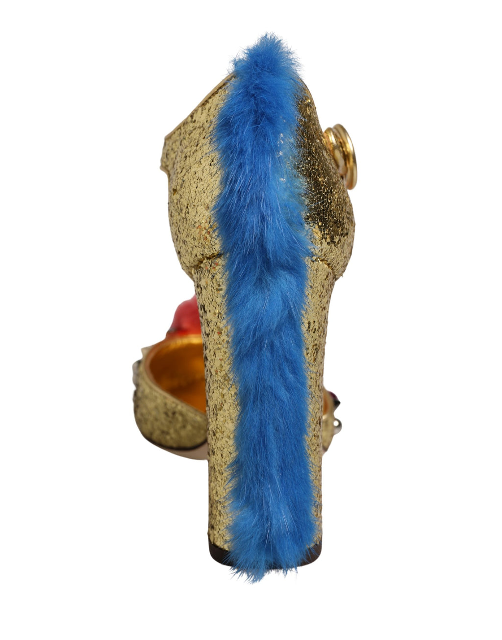 Dolce & Gabbana Gold Fur Trim Glitter T-strap Sandals Shoes
