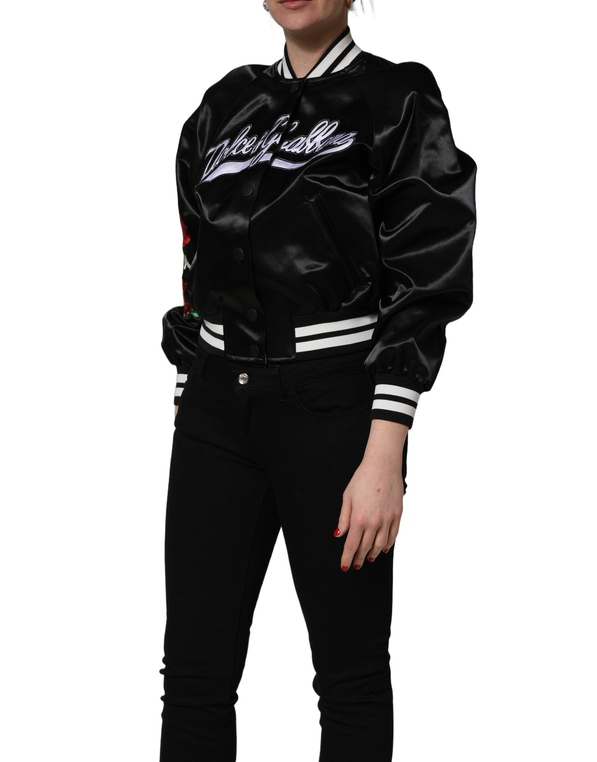 Dolce & Gabbana Black Satin Floral Embroidery Bomber Jacket