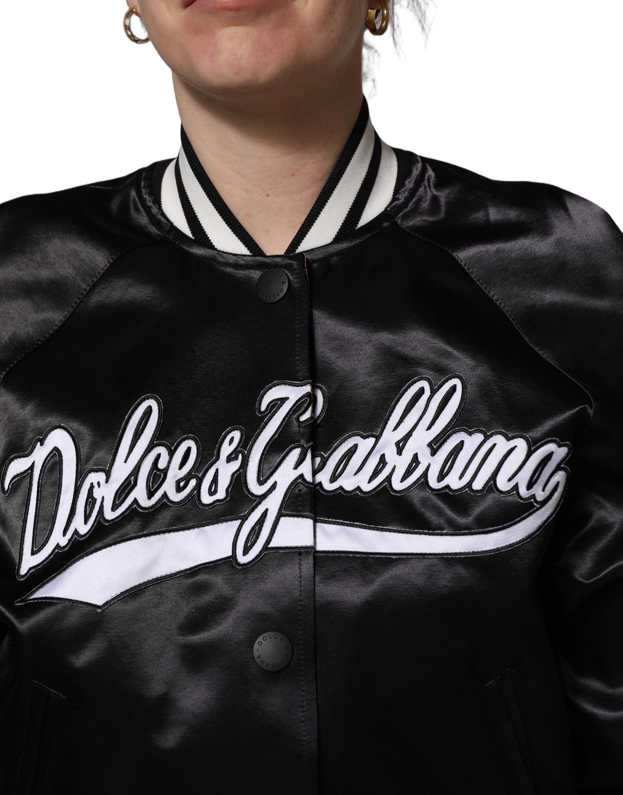 Dolce & Gabbana Black Satin Floral Embroidery Bomber Jacket