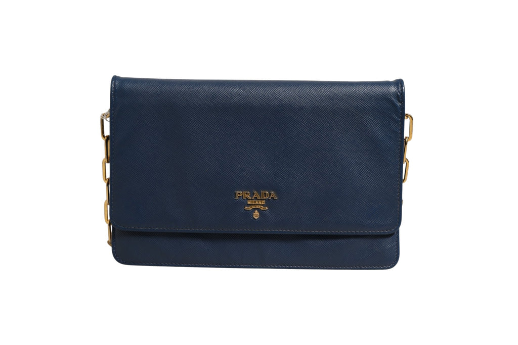 Prada Blue Saffiano Leather Wallet on Chain Clutch Bag