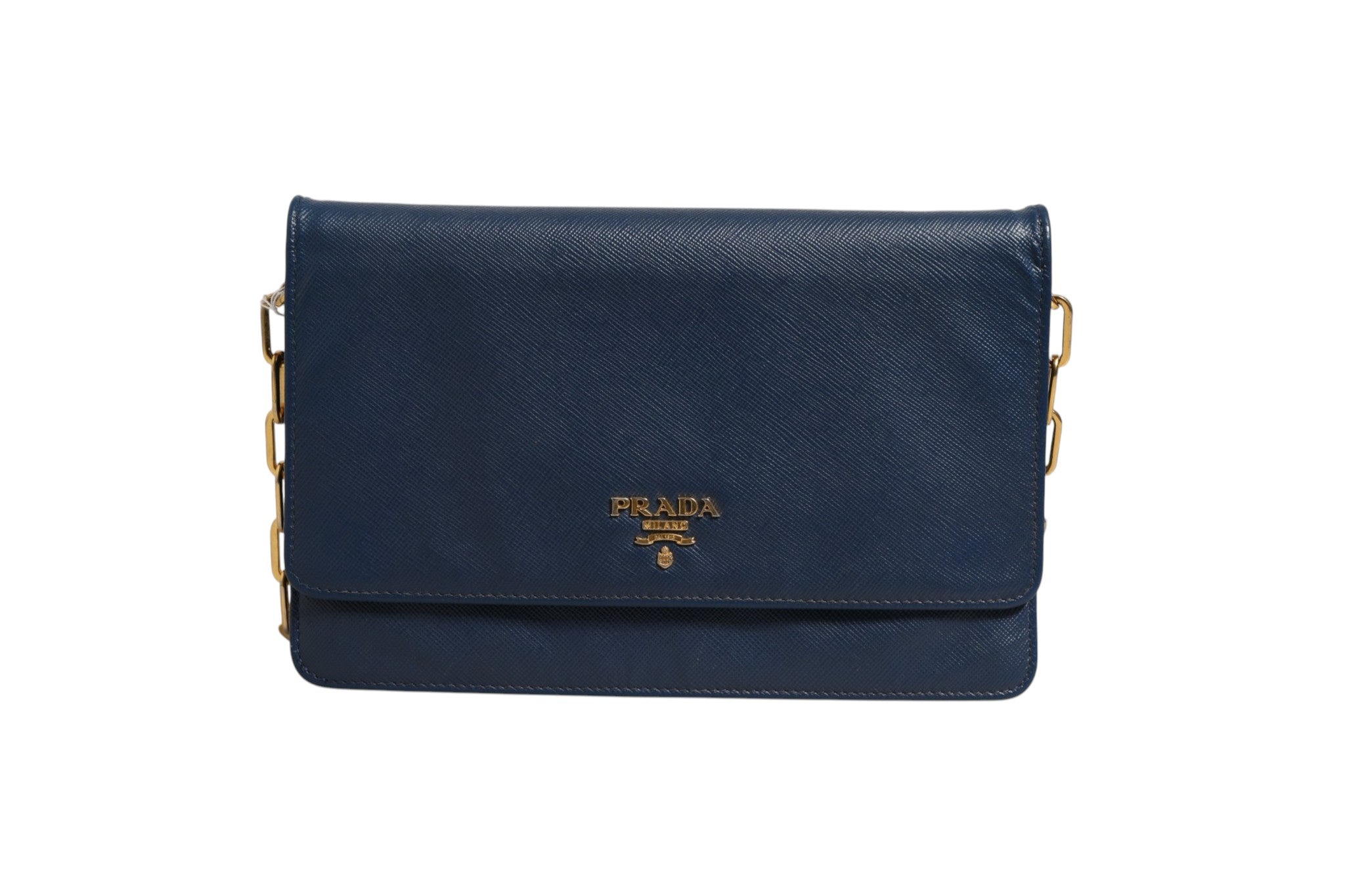 Prada Blue Saffiano Leather Wallet on Chain Clutch Bag