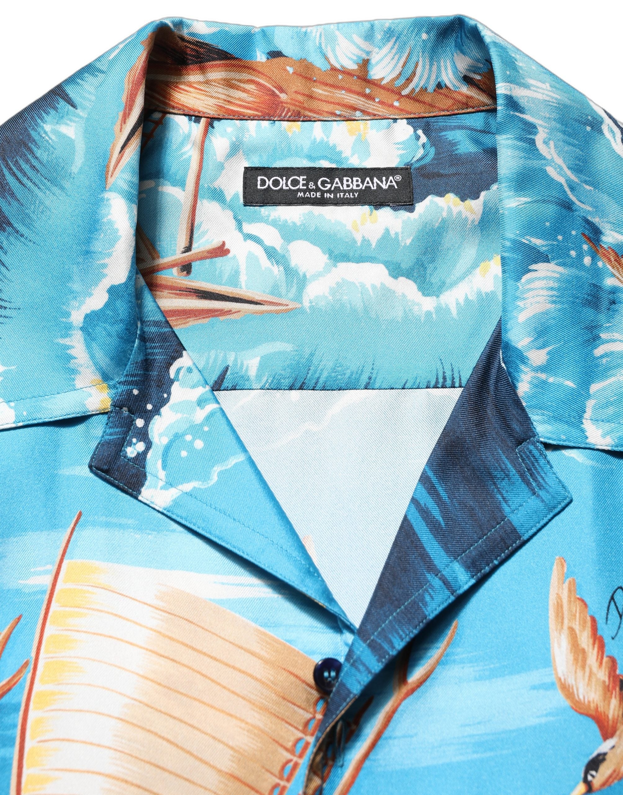 Dolce & Gabbana Blue Silk Twill Hawaiian GraphicPrint Shirt