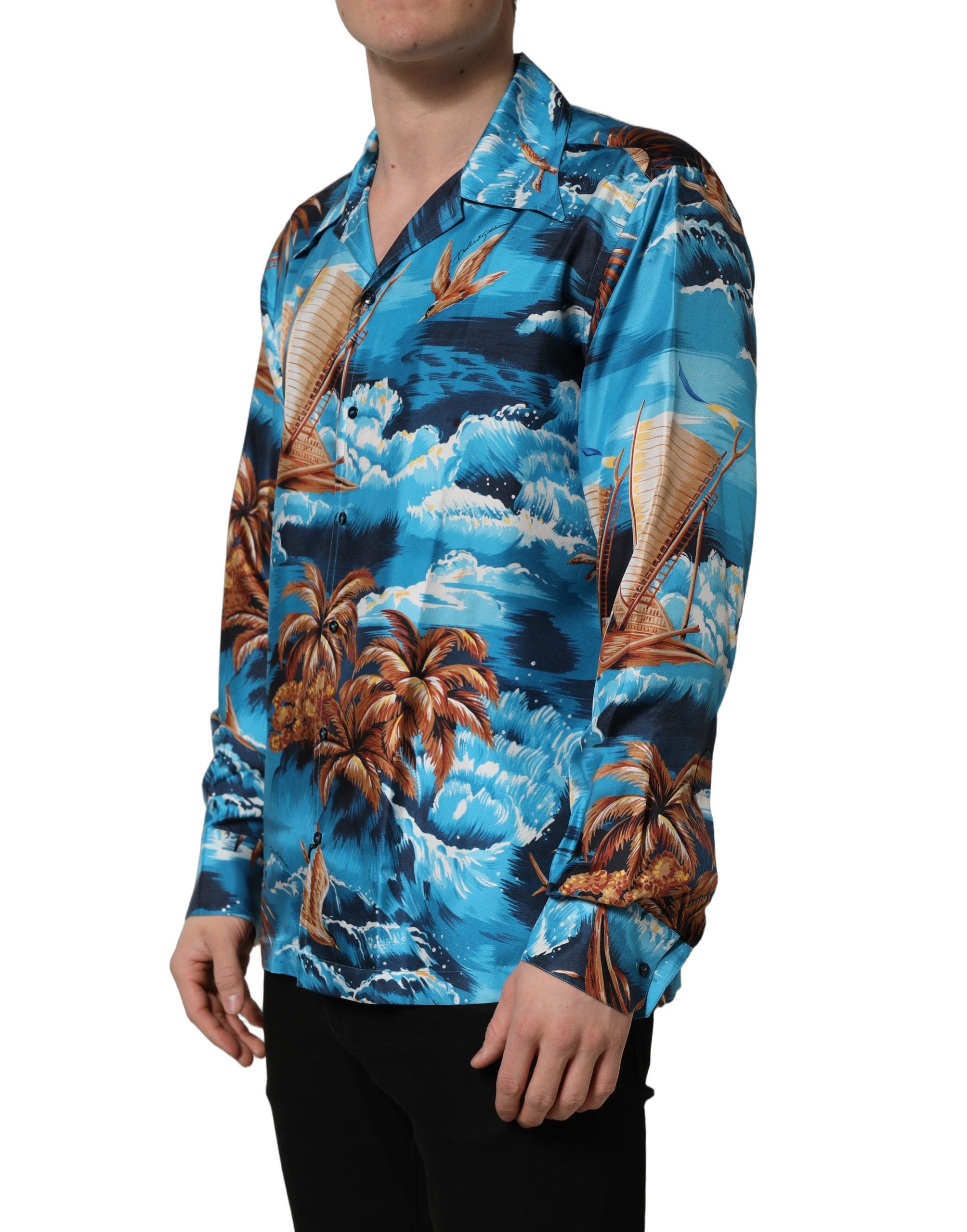 Dolce & Gabbana Blue Silk Twill Hawaiian GraphicPrint Shirt