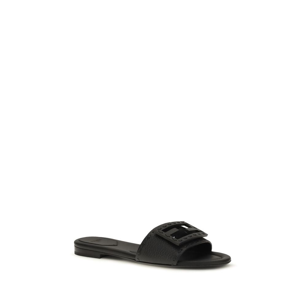 Fendi Black Calf Leather Bos Taurus Flat Sandals