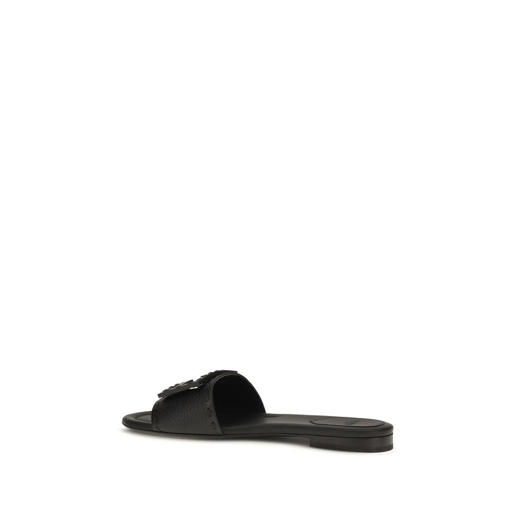 Fendi Black Calf Leather Bos Taurus Flat Sandals