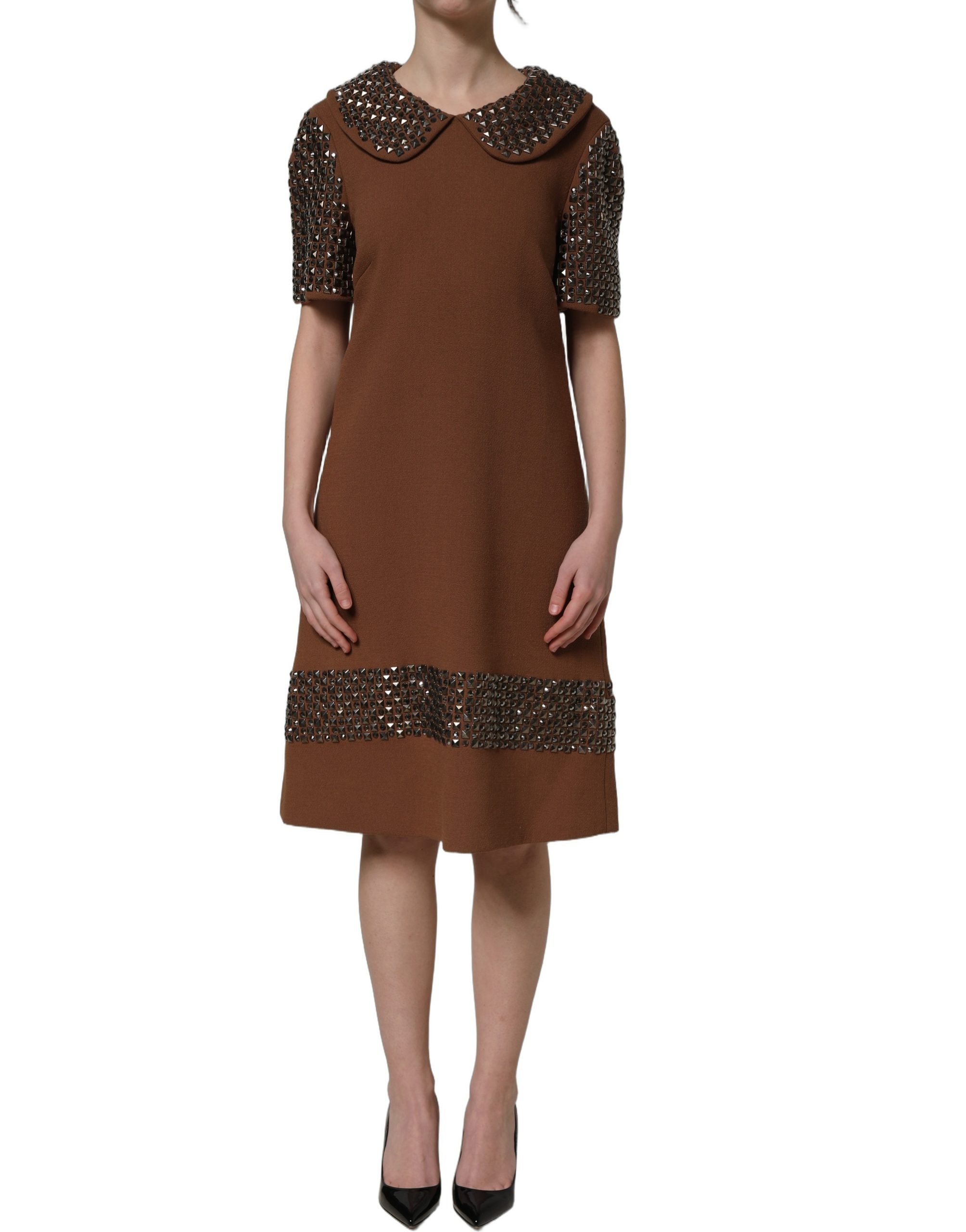 Dolce & Gabbana Brown Wool Rhinestone Embellished Midi Dress