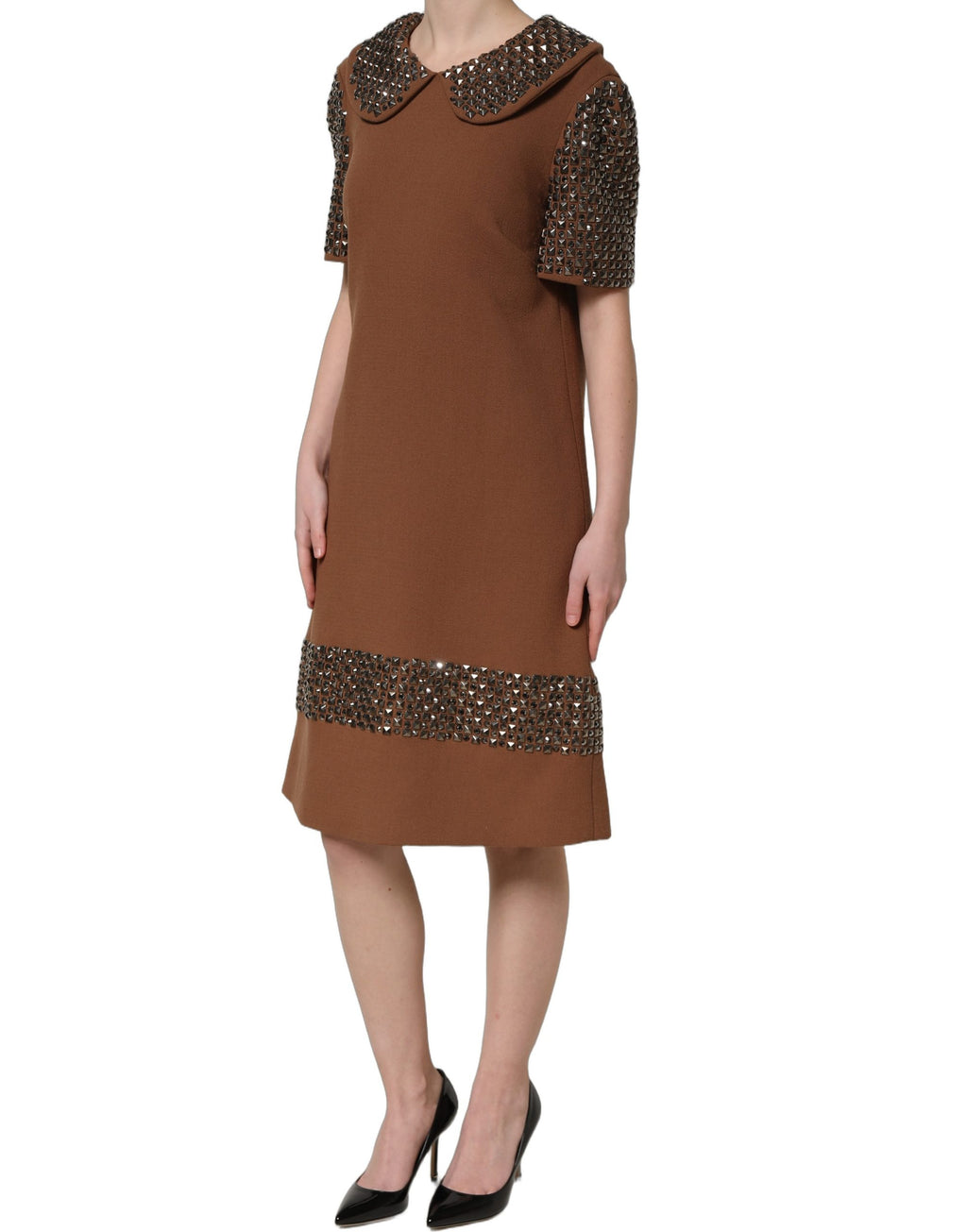 Dolce & Gabbana Brown Wool Rhinestone Embellished Midi Dress