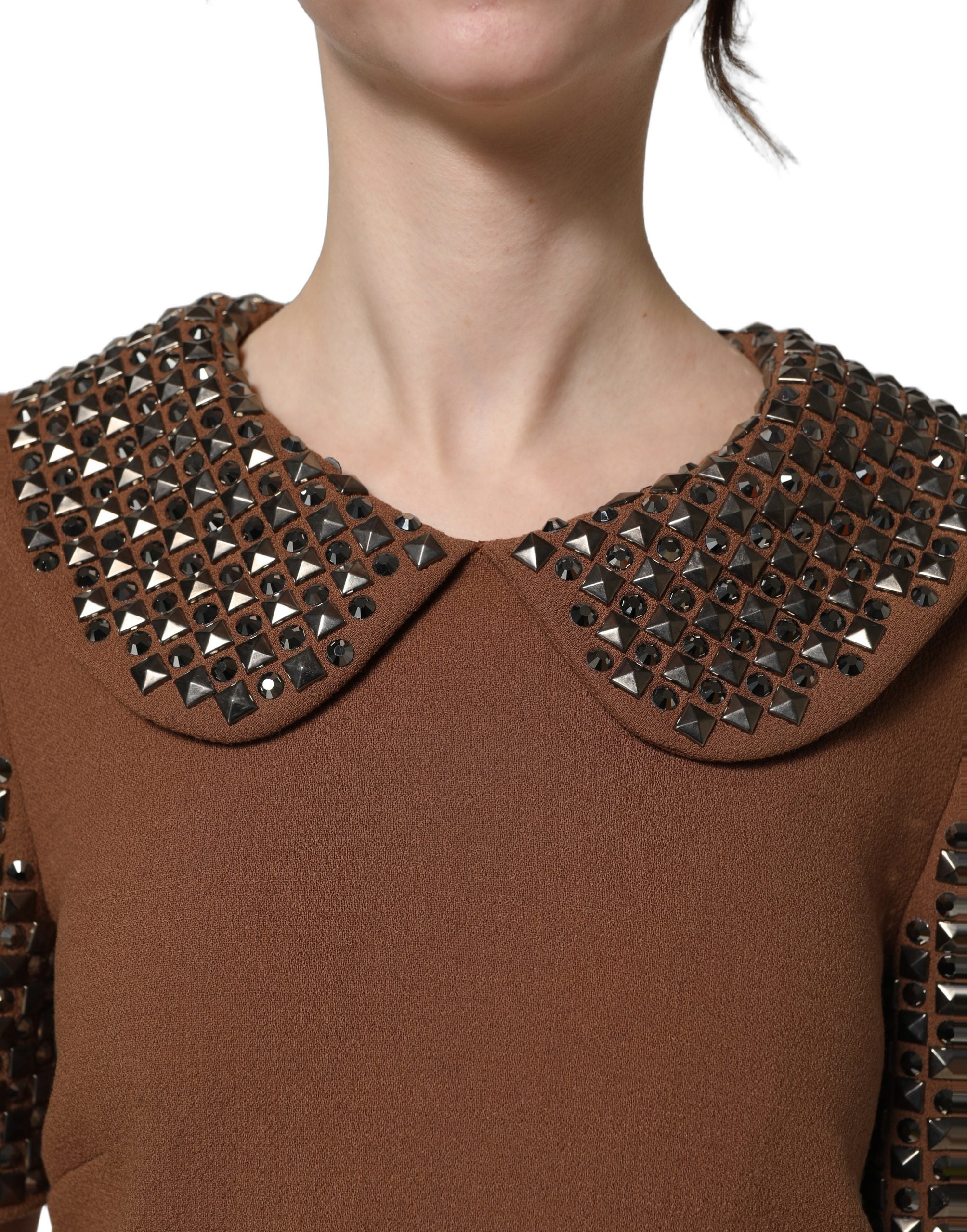 Dolce & Gabbana Brown Wool Rhinestone Embellished Midi Dress