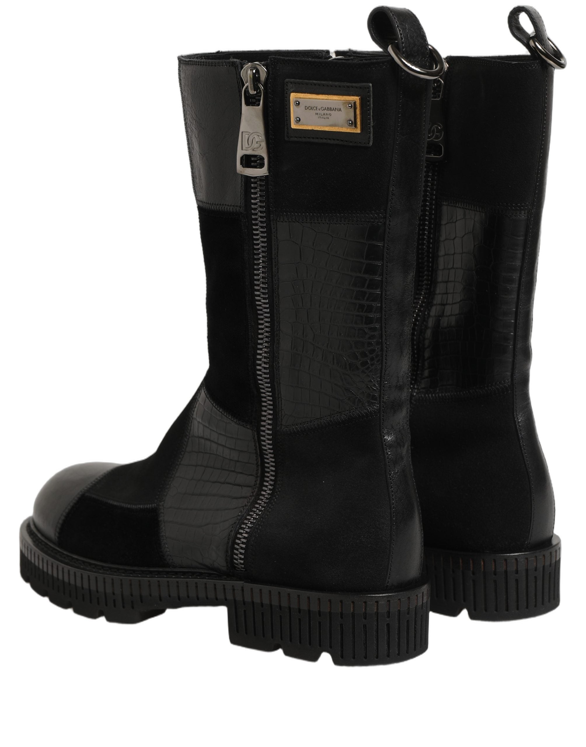 Dolce & Gabbana Black Patchwork Leather Mid Calf Boots Shoes