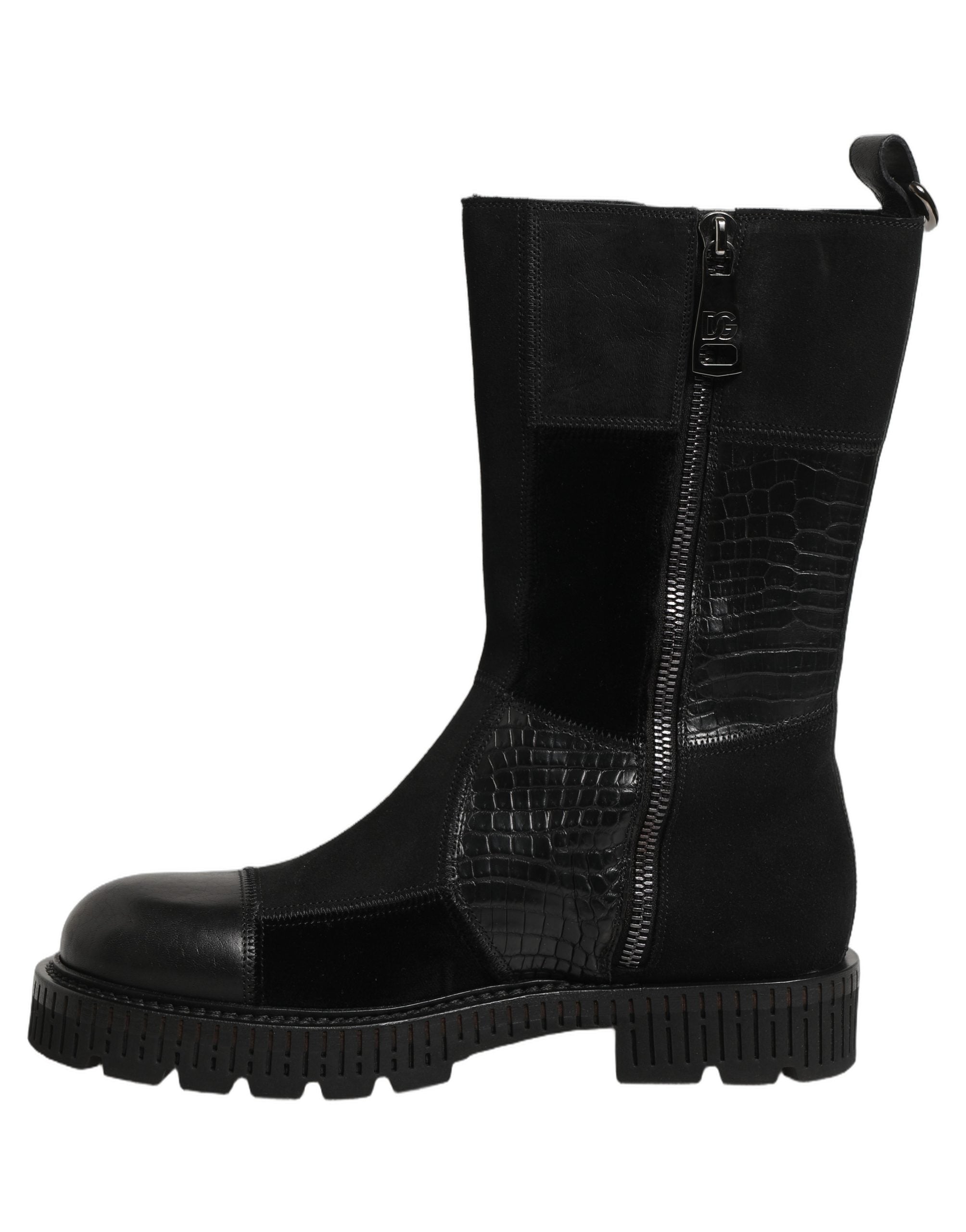 Dolce & Gabbana Black Patchwork Leather Mid Calf Boots Shoes