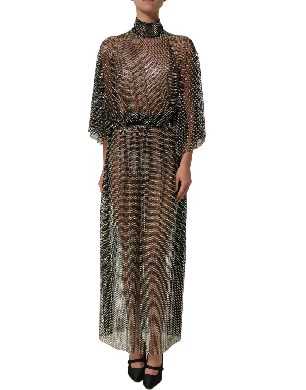 Dolce & Gabbana Black Rhinestone Mesh Turtleneck Maxi Dress