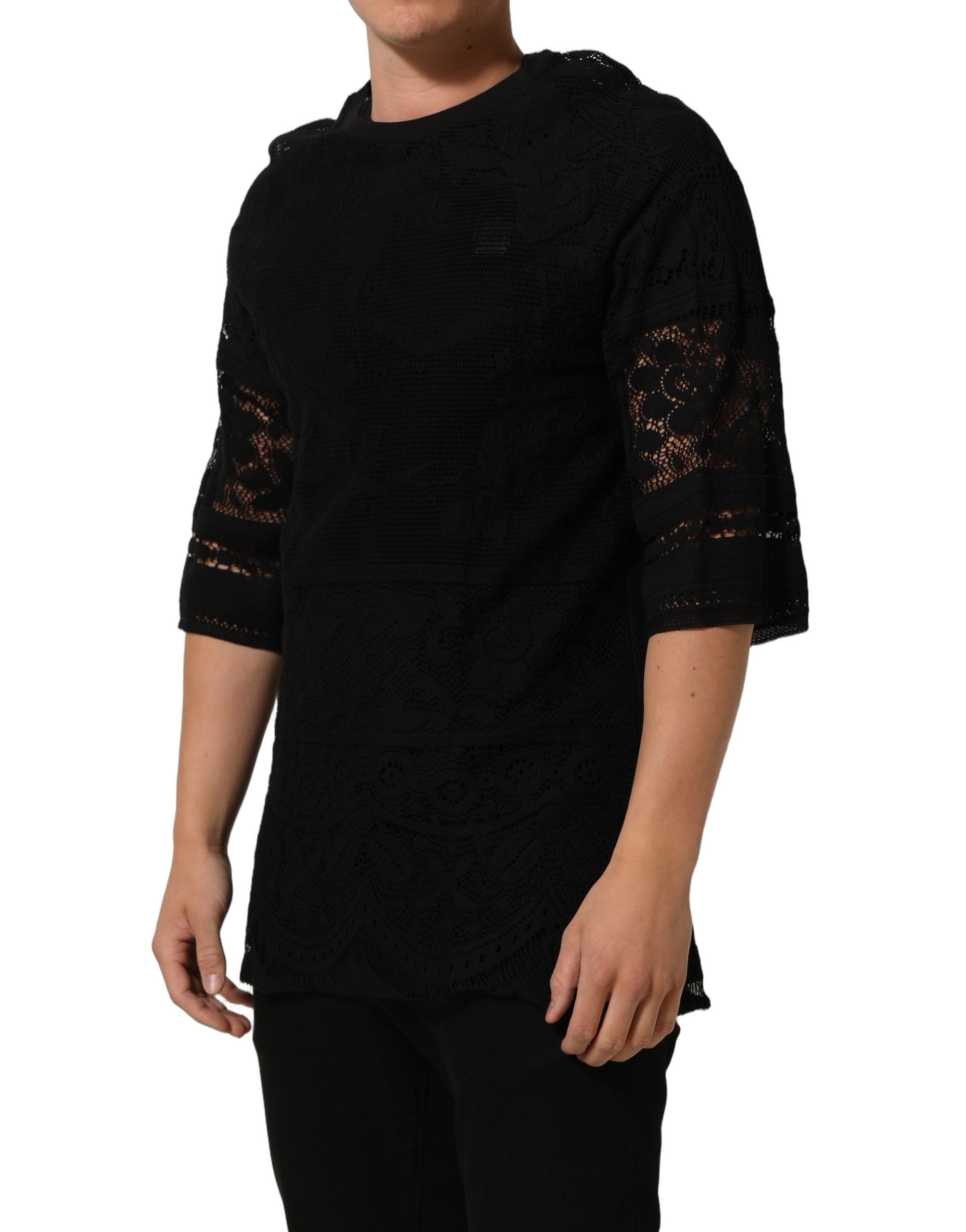 Dolce & Gabbana Black Cotton Floral Lace Crew Neck T-shirt