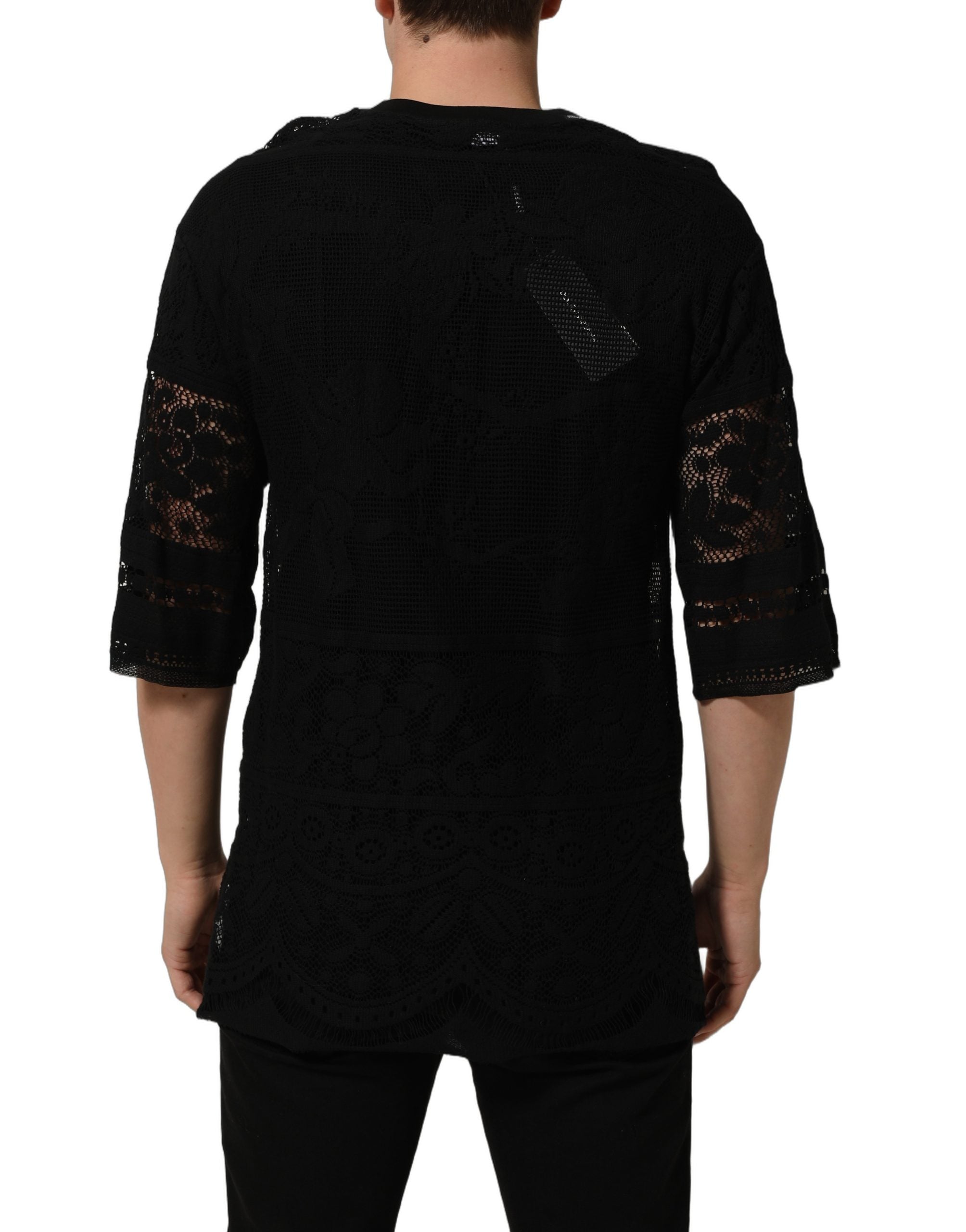 Dolce & Gabbana Black Cotton Floral Lace Crew Neck T-shirt