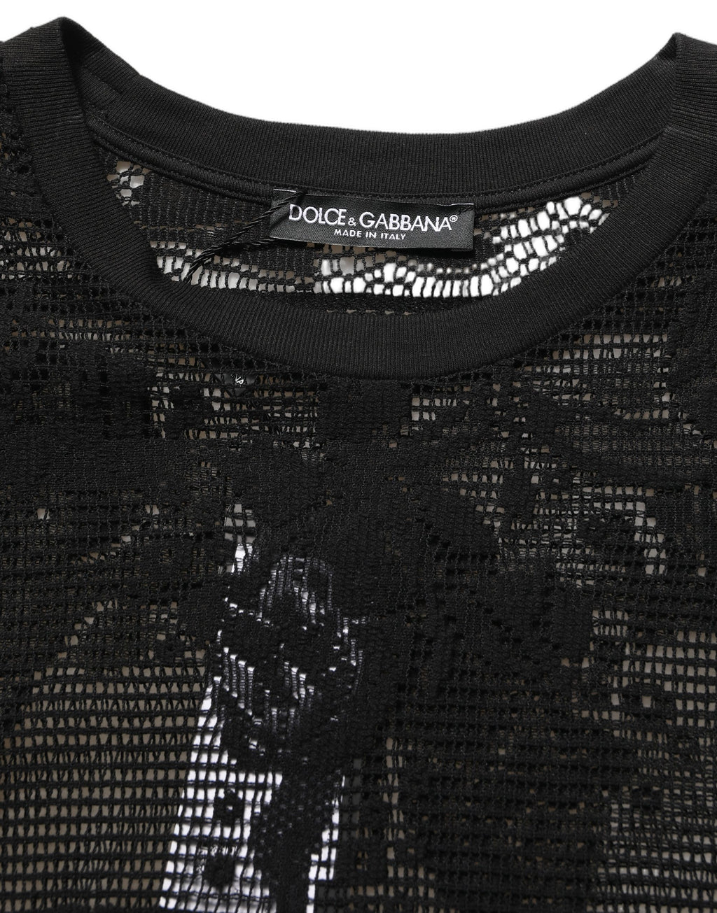 Dolce & Gabbana Black Cotton Floral Lace Crew Neck T-shirt