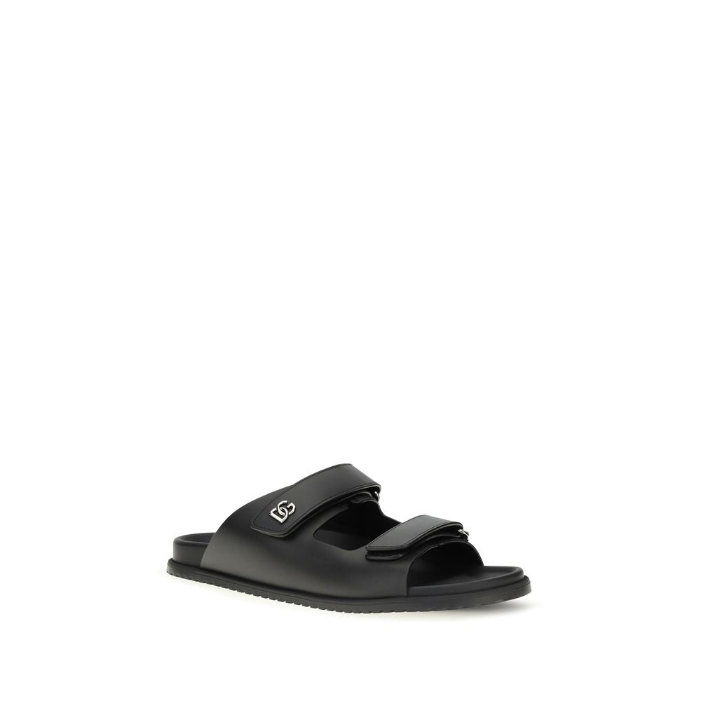 Dolce & Gabbana Black Calf Leather Bos Taurus Flat Sandals