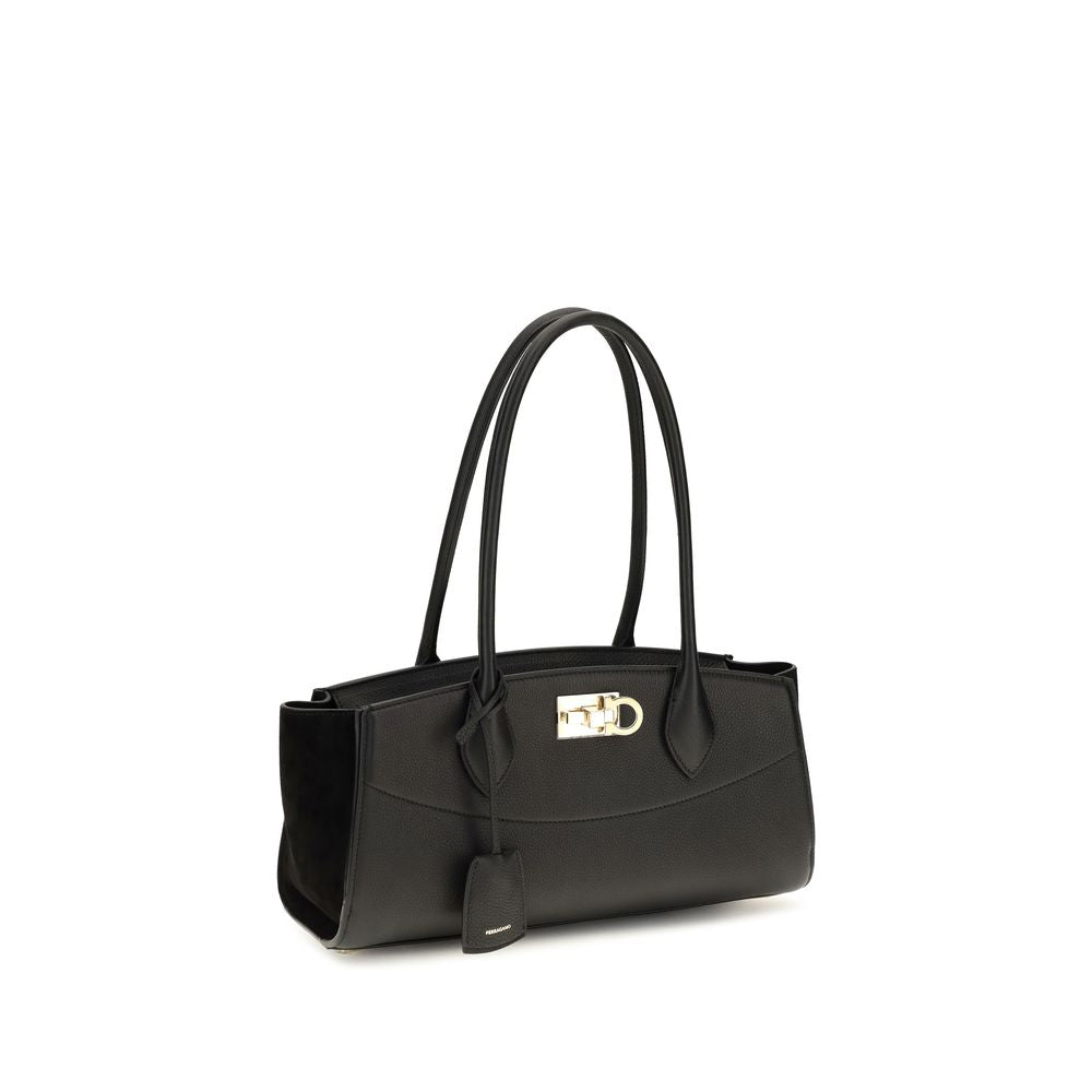 Ferragamo Black Calf Leather Bos Taurus Shoulder Bag