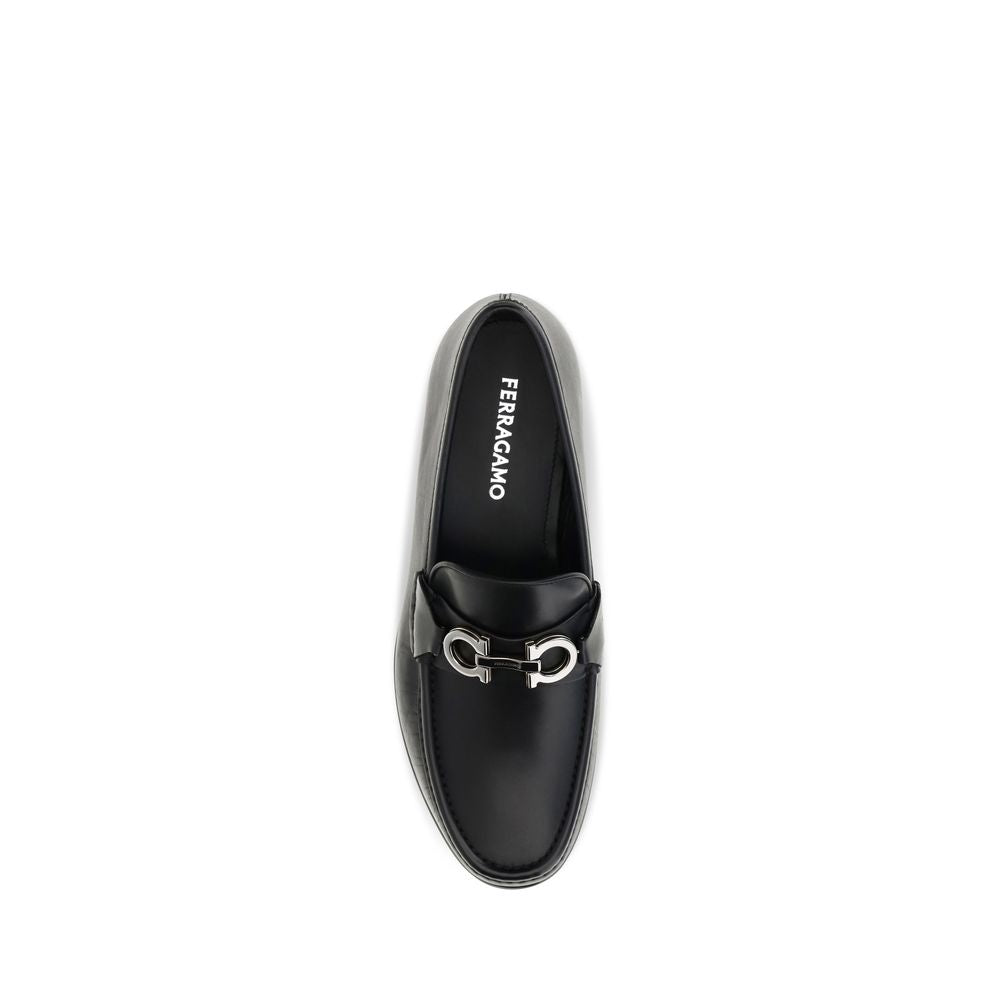 Ferragamo Black Calf Leather Bos Taurus Slip-On Loafers