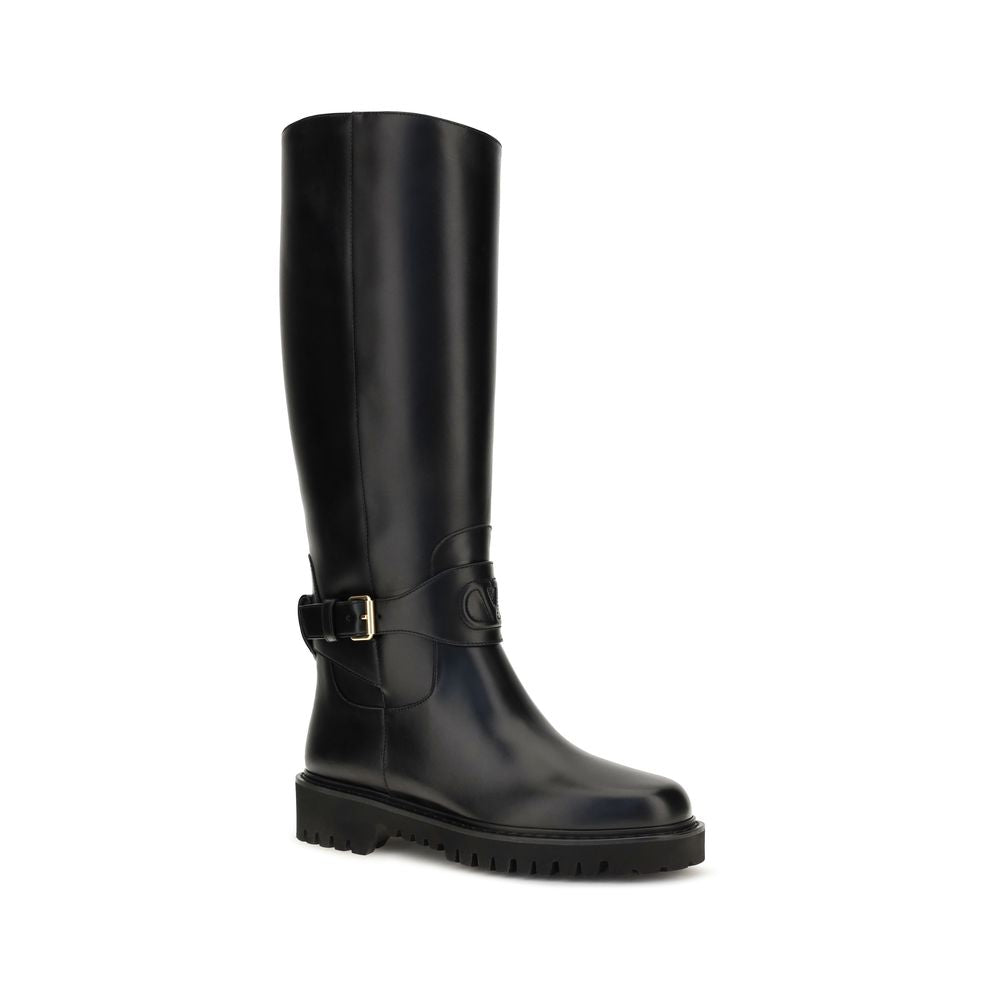 Valentino Garavani Black Calf Leather Bos Taurus Flat Boots
