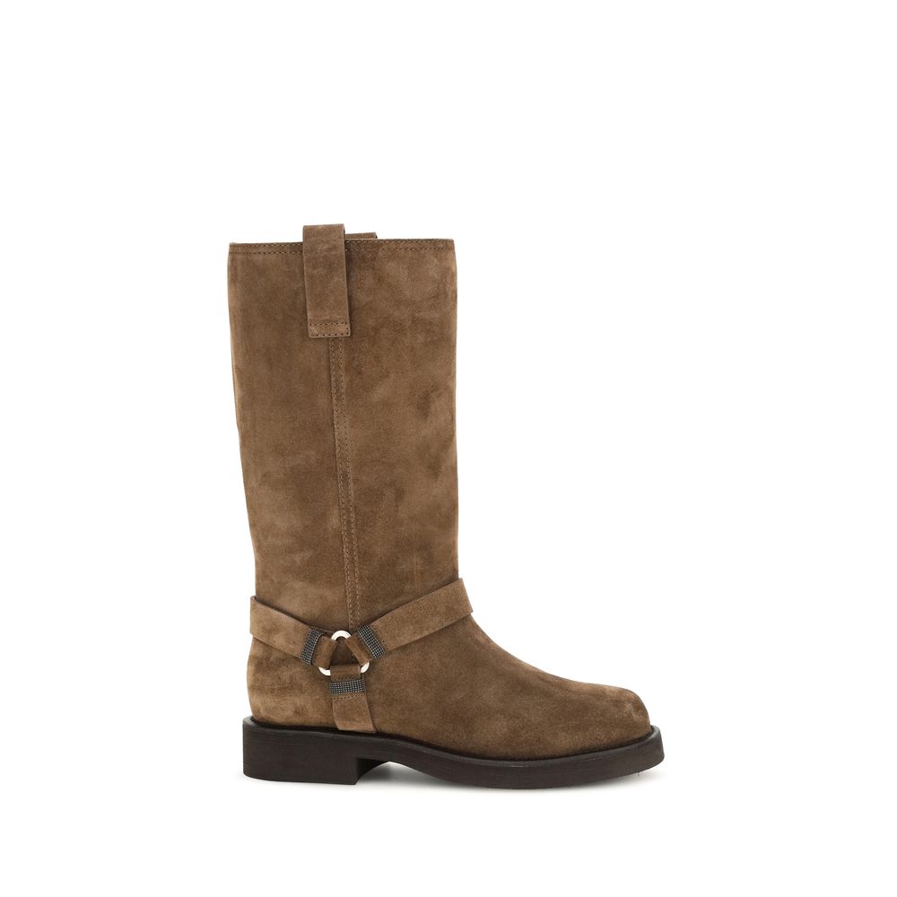 Brunello Cucinelli Brown Calf Leather Bos Taurus Flat Boots